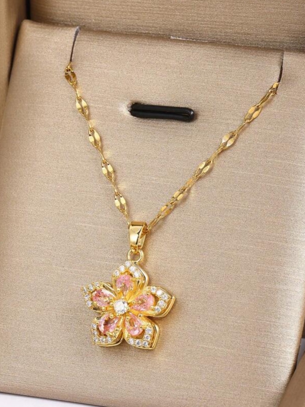 Gold-Plated Pink Floral Pendant Necklace - Elegant Women’s Jewelry